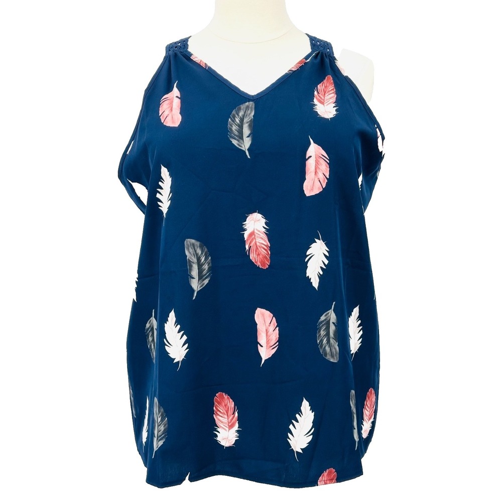 Navy Blue Women's 3XL Feather Print Sleeveless V-Neck Top with a Crocheted Back